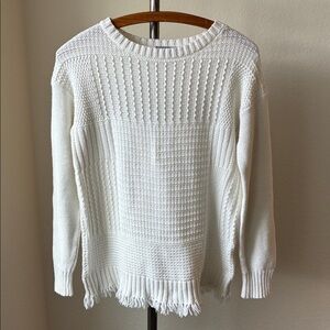 Cotton blend white fringe crewneck coastal cowgirl scandigirl EUC sz S EUC